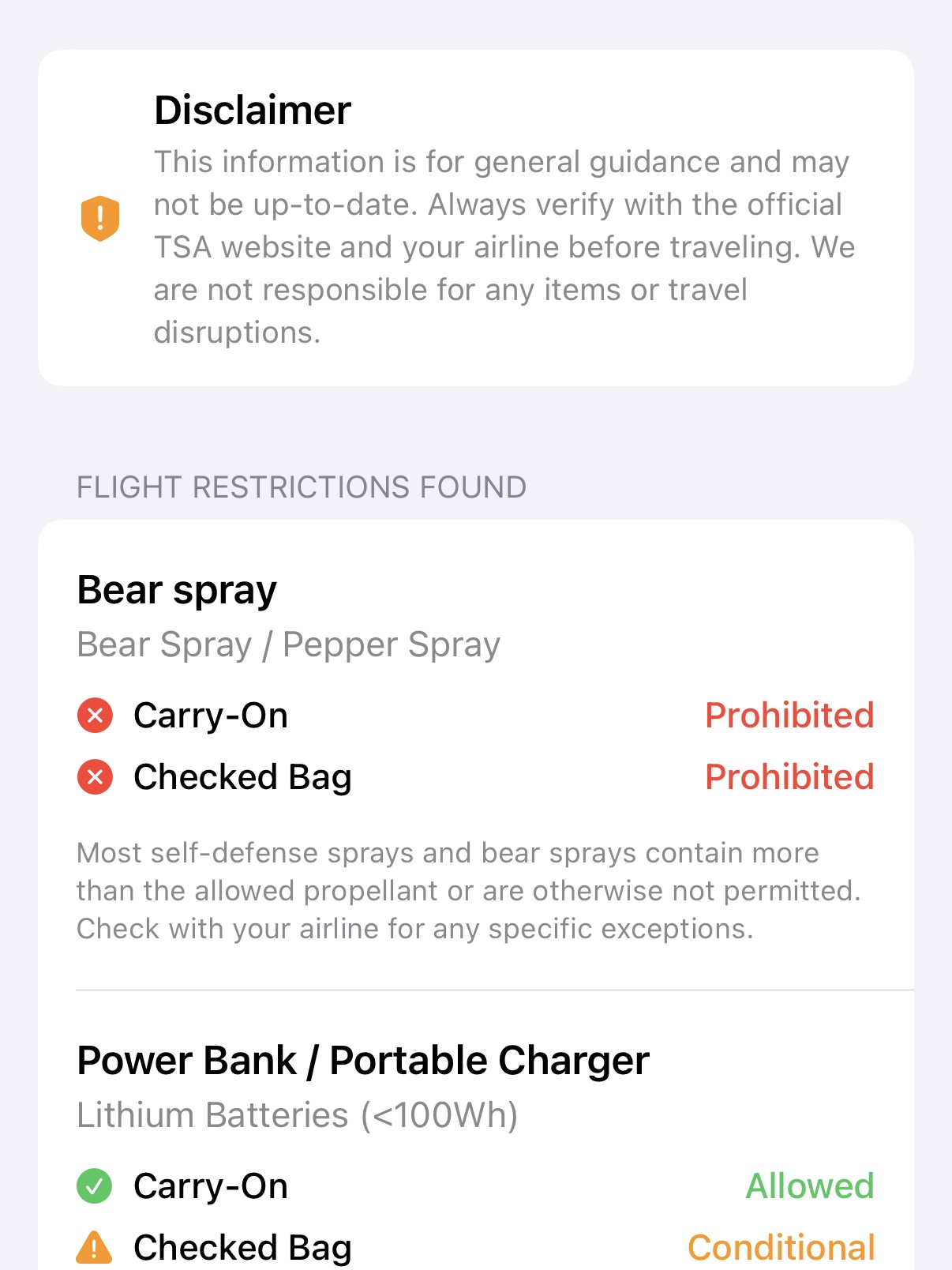Luggage Restrictions Feature